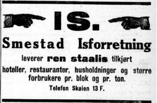Annonse for is fra Smedstad Isforretning. Aftenposten 1918 Før maskinell kjøleteknikk, som kjøleskap og frysebokser ble vanlig, var naturis en stor handelsvare. Isen ble brukt i isskap hjemme og til kjøling i industri og meierier.