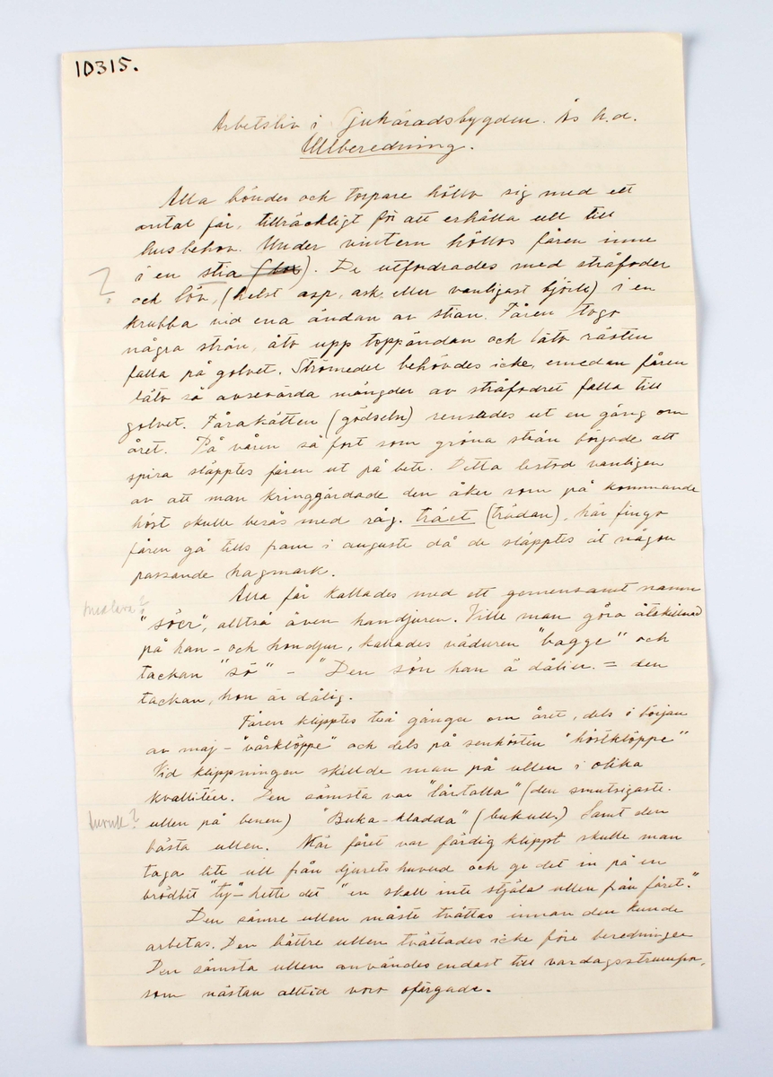 Uppteckning (anteckning) i form av, 2 stora, lösa pappersblad med handskriven text: "Arbetsliv i Sjuhäradsbygden. Ås H.d. Ullberedning". Skriven av Gustav Källman i Brunstorp 2 januari 1934.
