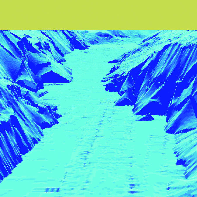 Datagenerert bilde av det undersjøiske landskapet i en fjord. Vises i ulike blåsjatteringer. Det som er over vannflaten er uten data, og fremstår som en gul himmel.