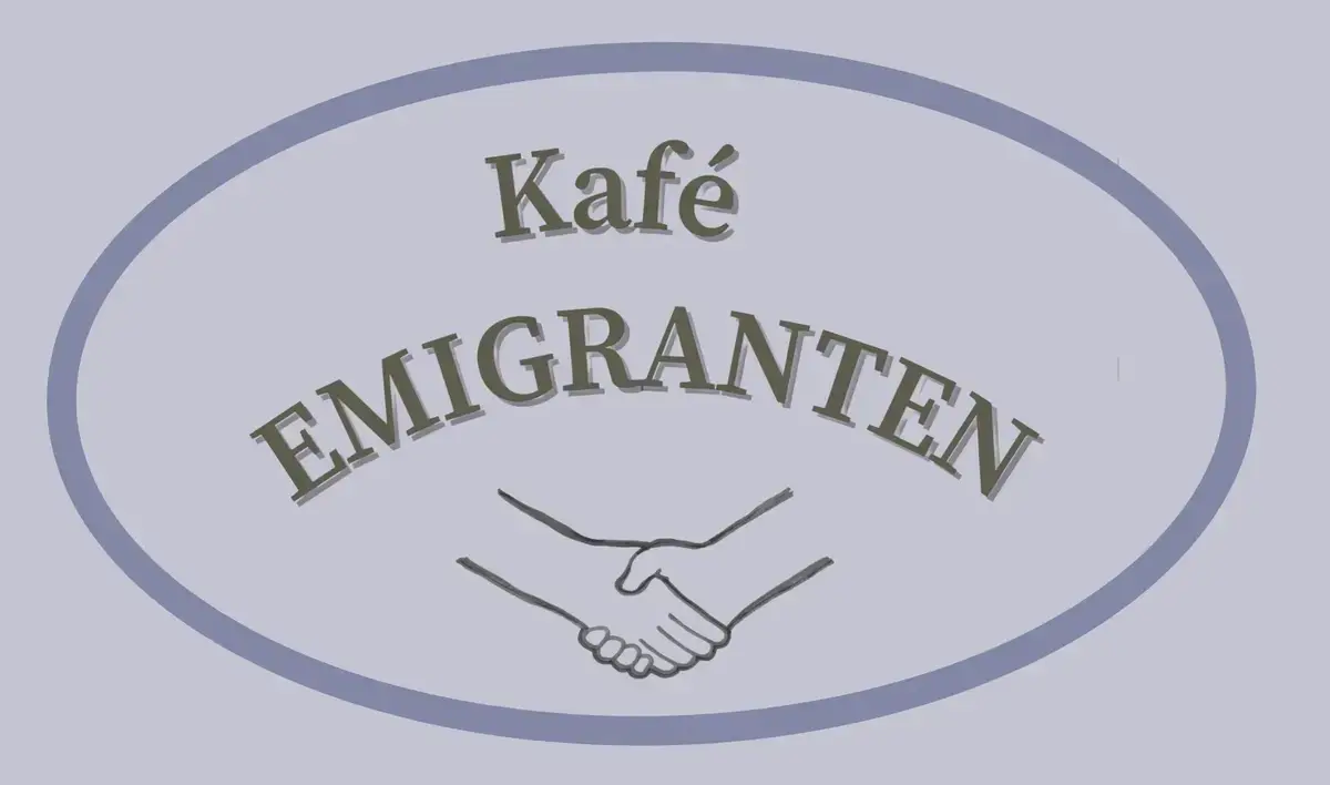 Kafé Emigranten Logo med to hender som håndhilser
