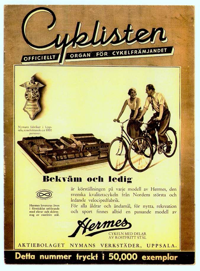 Man och kvinna på cyklar, reklam för cykelmärket Hermes och för Aktiebolaget Nymans verkstäders fabrik i Uppsala, 1940-1950-tal.