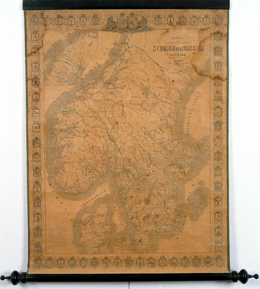 Karta över landsvägarne uti Sverige och Norige Samt en del av Danmark. Sammandragen och graverad af C.F. Ström 1855.