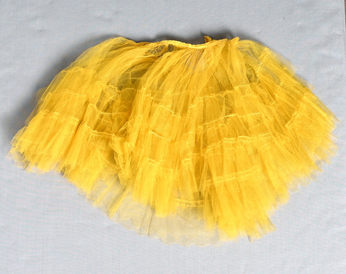 Gul balettkjol av sidentyll i volanger, Kort och vid. Linning av gult sidentyg, knäpps med 2 par hyskor och hakar.