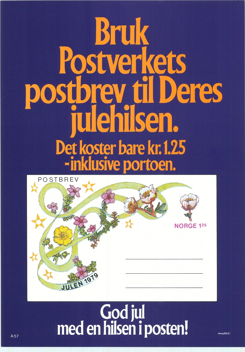 Tosidig reklameplakat med tekst på nynorsk og bokmål. Med motiv av postbrev.