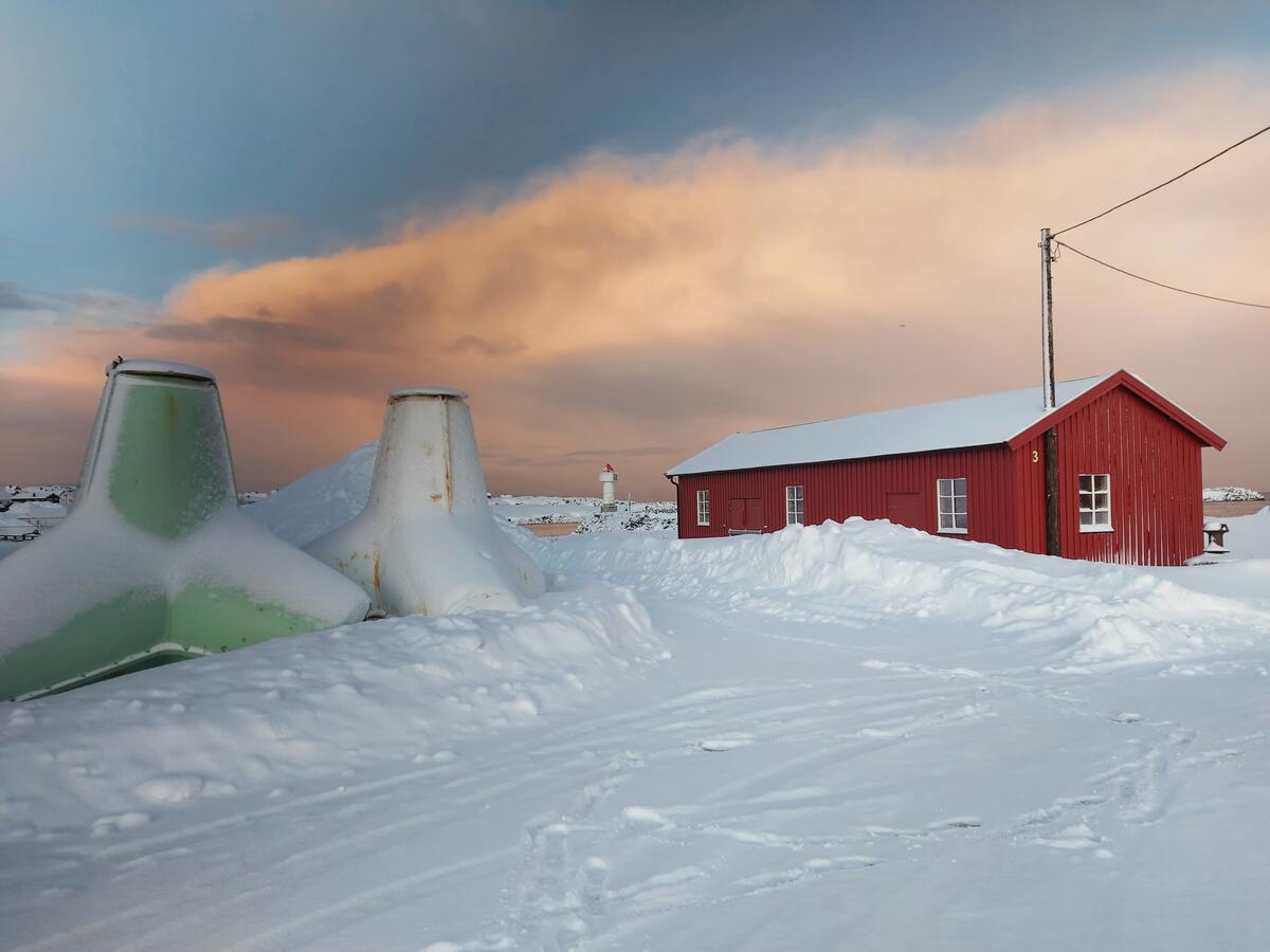 Berlevåg havnemuseum og to tetrapoder, om vinteren.