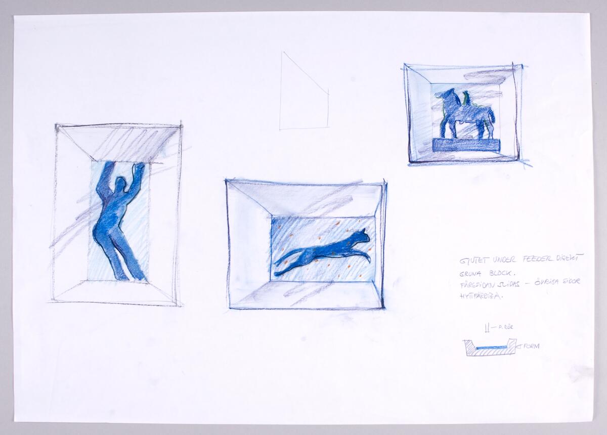 Skisser till ett antal kvadratiska och rektangulära glasblock med olika motiv, såsom människofigurer, katter och hästar, samt slipade ytor. Noteringar. Måttangivelser.