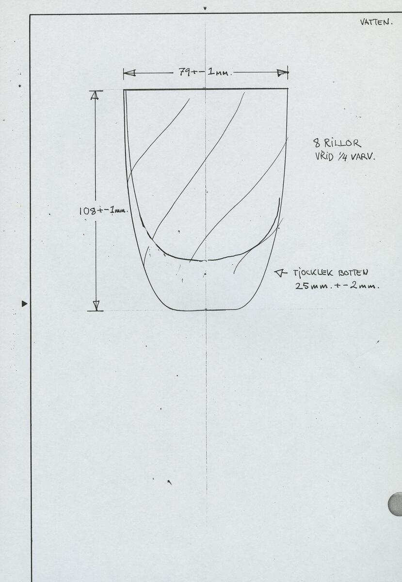 Skisser och mallar till en serie servisglas med rund optikkupa och kraftigt ben. Även ett tillverkningsschema från Kosta glasbruk är inkluderat.