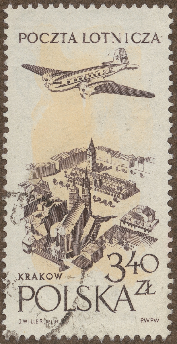 Frimärke ur Gösta Bodmans filatelistiska motivsamling, påbörjad 1950.
Frimärke från Polen, 1957. Motiv av Tvåmotorigt monoplan över Gamla torget i Krakow