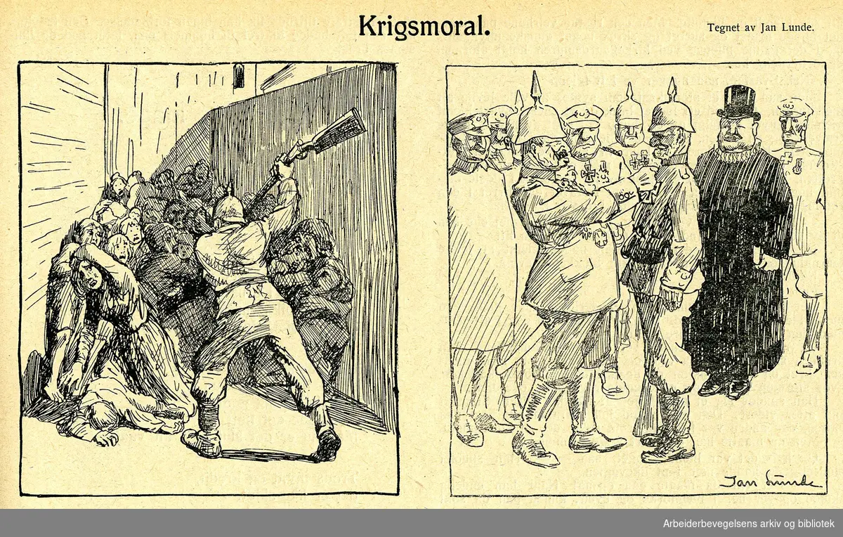 "Krigsmoral". Hvo sig selv fornedrer - skal ophøies. Tegning av Jan Lunde i Hvepsen nr. 22, 18. juni 1918..