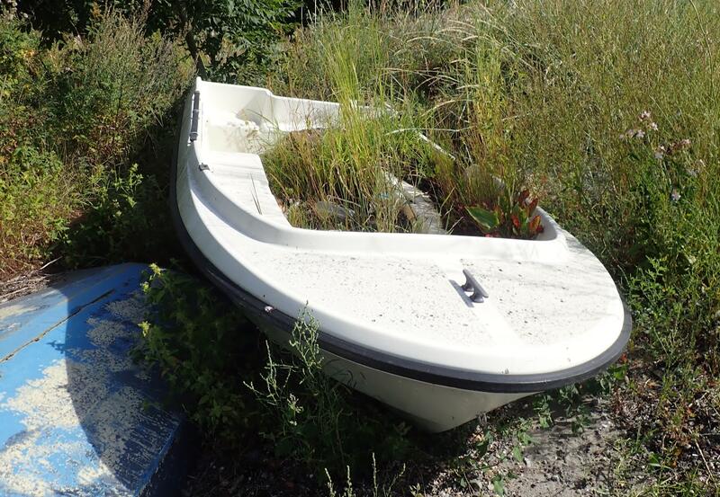 Plastbåt på land med gress som gror opp av båten