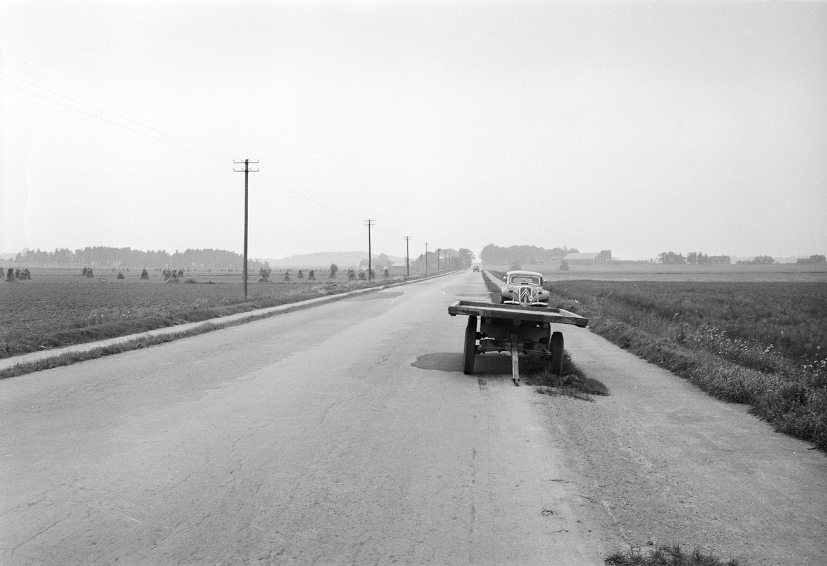 Gummihjulsvagn vid väg, Björklinge, Uppland 1951