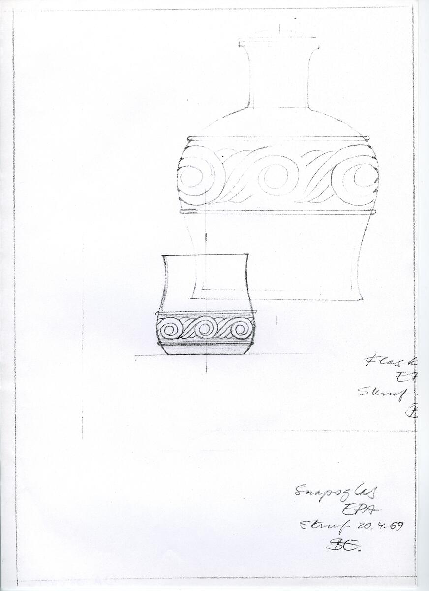 Materialet innehåller skisser till likörkylare, servisglas, flaskor, kannor m.m.