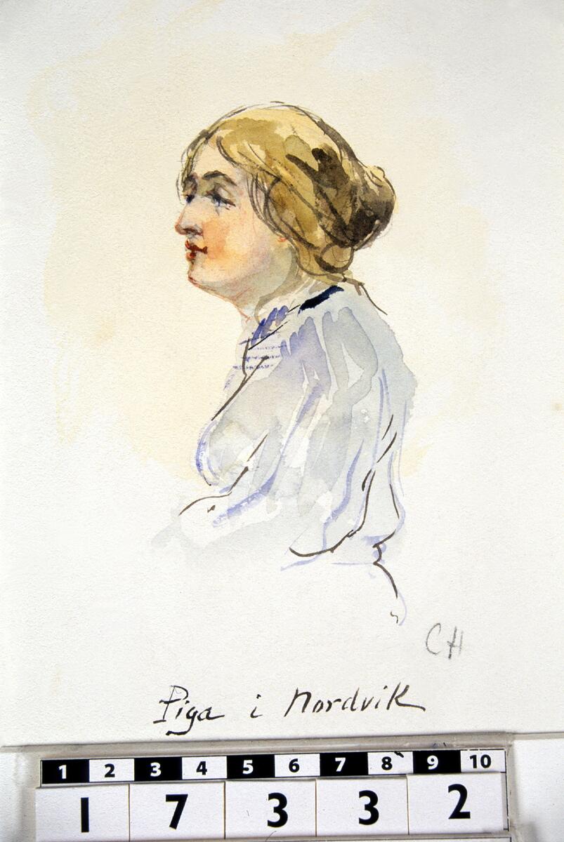 Akvarell på papper. Porträtt av ung kvinna, bröstbild i profil, knut i nacken. Ljusblå blus. Röd mun, skära kinder.