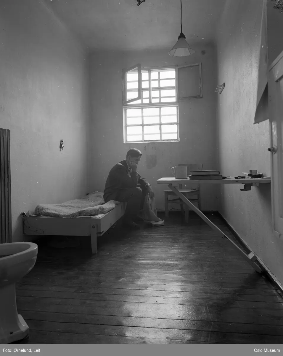 fengsel, interiør, celle, seng, mann, fange, åpent vindu, toalett, klaffbord