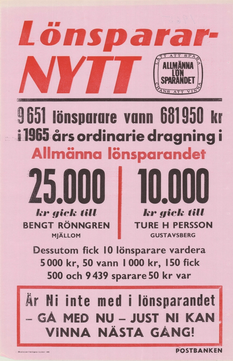 Nyhet om flera vinnare i 1965 års ordinarie dragning i Allmänna lönsparandet.