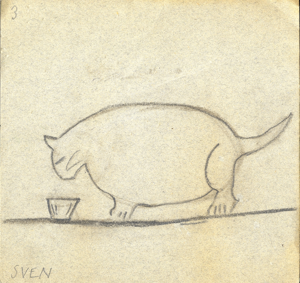 En tjock katt, sedd från sidan, framför en matskål.