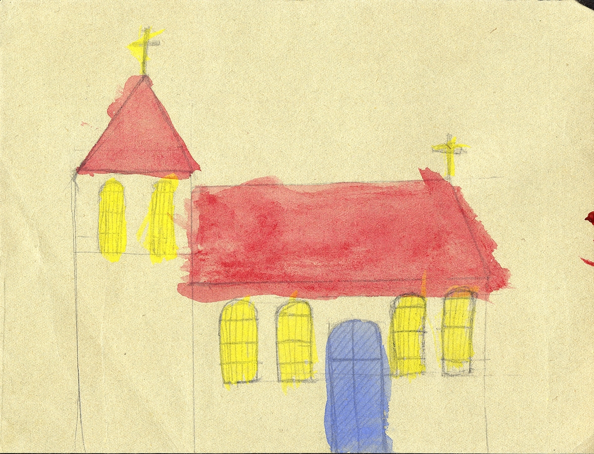 En tecknad kyrka, förstärkt med vattenfärg i rött, gult och blått,