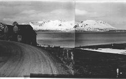 Fjøs ved vei på Bergsodden, Grytøy i bakgrunnen.