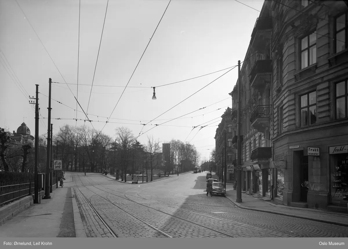 gateløp, park, bygårder, biler, mennesker, trikkeskinner, Rosenborg løkke