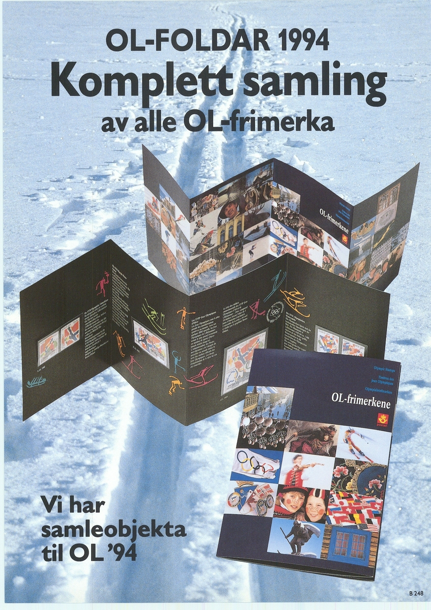 Tosidig plakat med tekst på bokmål og nynorsk. Motiv av foldere med frimerker.