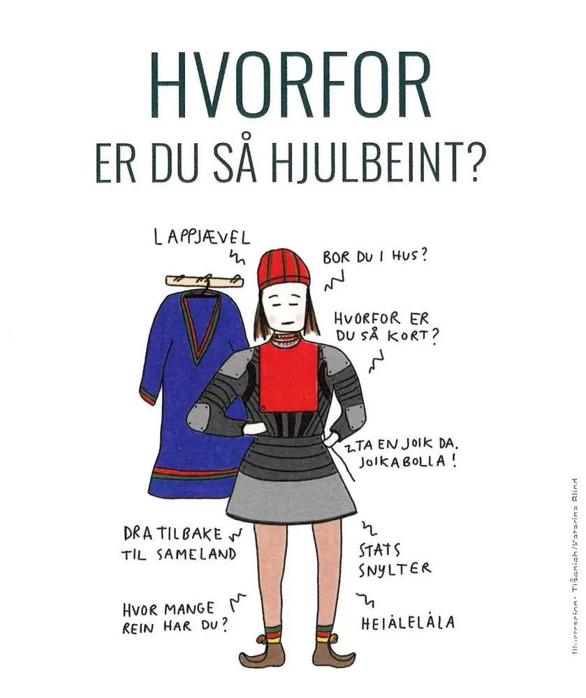 Dette er en illustrasjon av ei samisk kvinne der det står skrevet flere uttrykk rundt. Uttrykkene er "lappjævel", "bor du i hus?", "hvorfor er du så kort?", "ta en joik da, joikabolle", "dra tilbake til sameland", "statssnylter", "hvor mange rein har du?" og "heiålelåla". Over dette står tittelen på utstillinge "hvorfor er du så hjulbeint?"