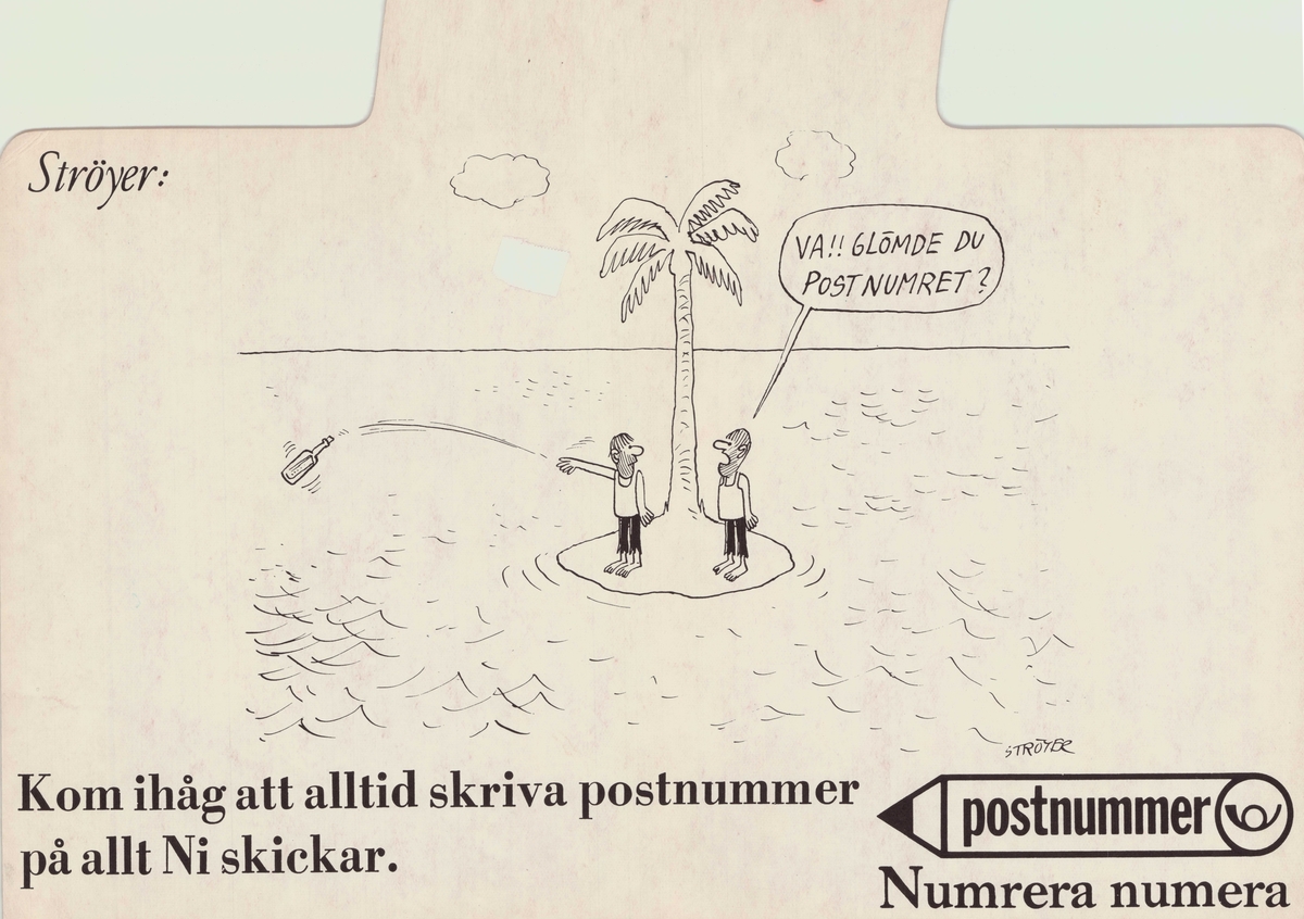 Humoristisk illustration av två personer som skickar flaskpost från en ö.