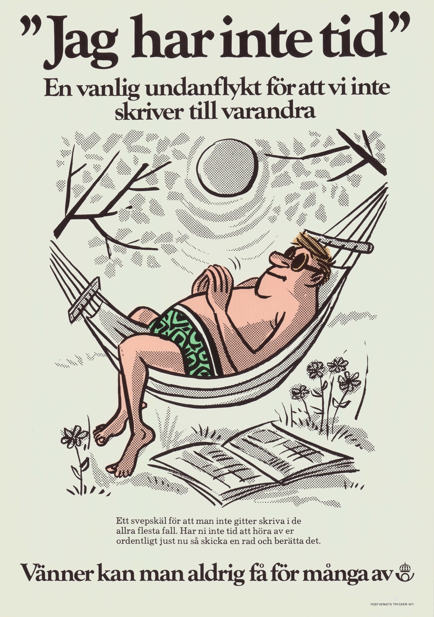 Illustration av en man liggandes i en hängmatta utomhus. Text över och under. Postsymbol.