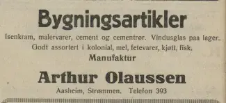 Reklame for bygningsartikler i Arthur Olaussen landhandleri fra 1929. Akershus Arbeiderblad, 20.04.1929. Nasjonalbiblioteket.