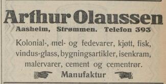 Reklame for Arthur Olaussen landhandleri fra 1927. Akershus Arbeiderblad, 22.01.1927. Nasjonalbiblioteket.