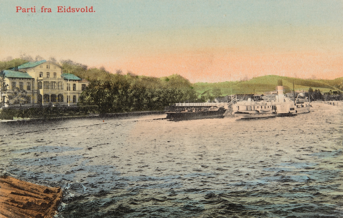 Postkort, Eidsvoll stasjon, D/S Skibladner ved dampskipsbrygga,