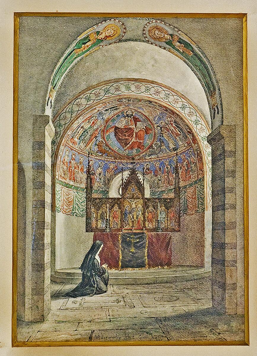 Akvarell som föreställer Mästerby kyrka. Målad av Johan Kahl 1883.

I passepartout och svart ram med guldkant.

Höjd 74, bredd 58. Dagermått: 44x30 cm.