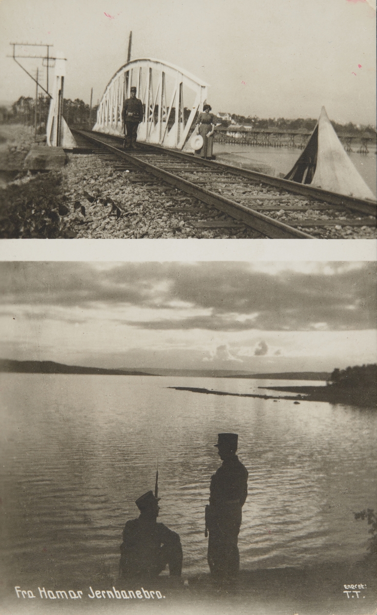 Postkort, Hamar, fotomontasje, 2-delt kort med motiv fra Åkersvika, soldater på vakt ved jernbanebrua over Åkesvika,