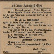 Firma-anmeldelse i Norsk Kundgjørelsestidende, 17.03.1900. Nasjonalbiblioteket.