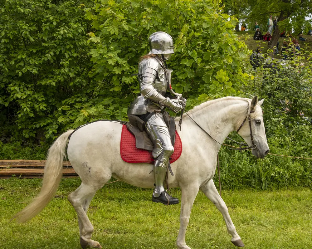 Mann i platerustning på hvit hest