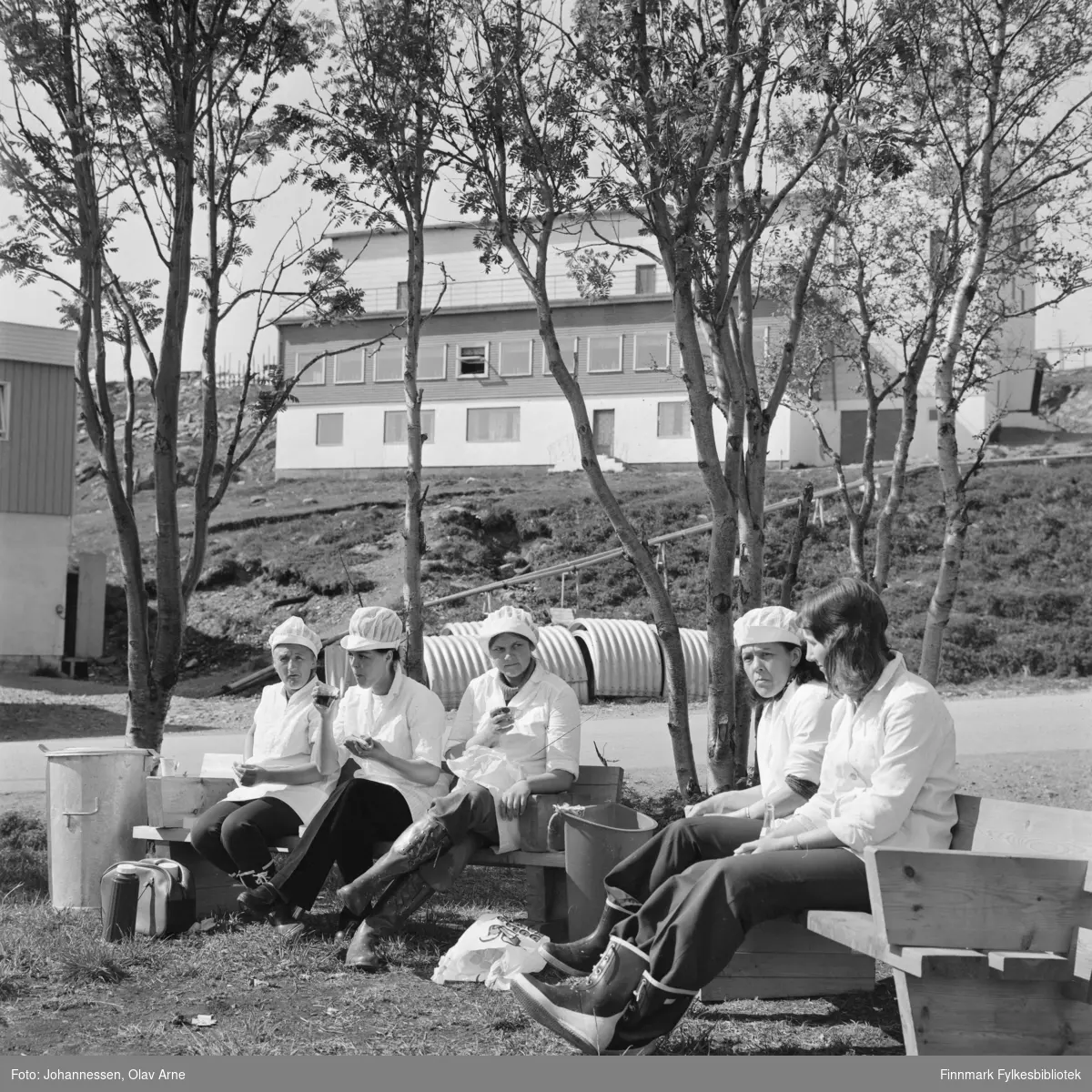 Filetarbeidere tar "5 minutter" fra arbeid i Båtsfjord i Finnmark på tidlig 1970-tallet

Fra venstre Doris Walderhaug (1933 - ) og Bjørg Nystad

Resten av kvinnene er ukjent 

Skansen i bakgrunnen
