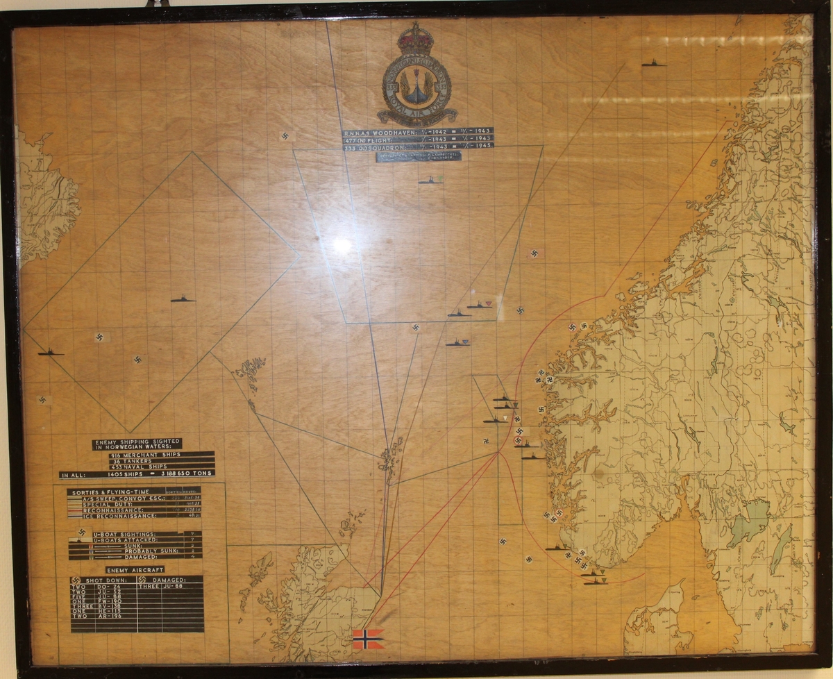 Kart som viser posisjoner på tyske ubåter observert av 333 skv i perioden 1942-1945.