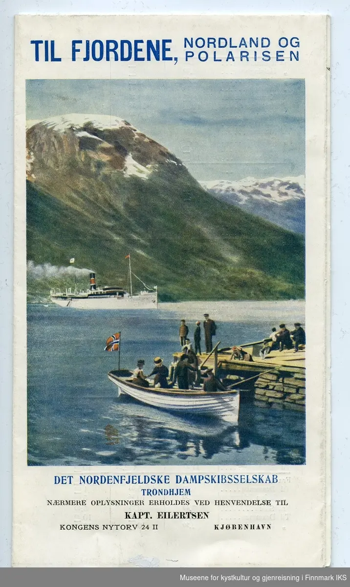 Brosjyre på dansk med informasjon om skipsreiser til Norden, bl.a. til Nordkapp. Det finnes også en oversikt over landturer som kan kombineres med noen av skipsrutene.