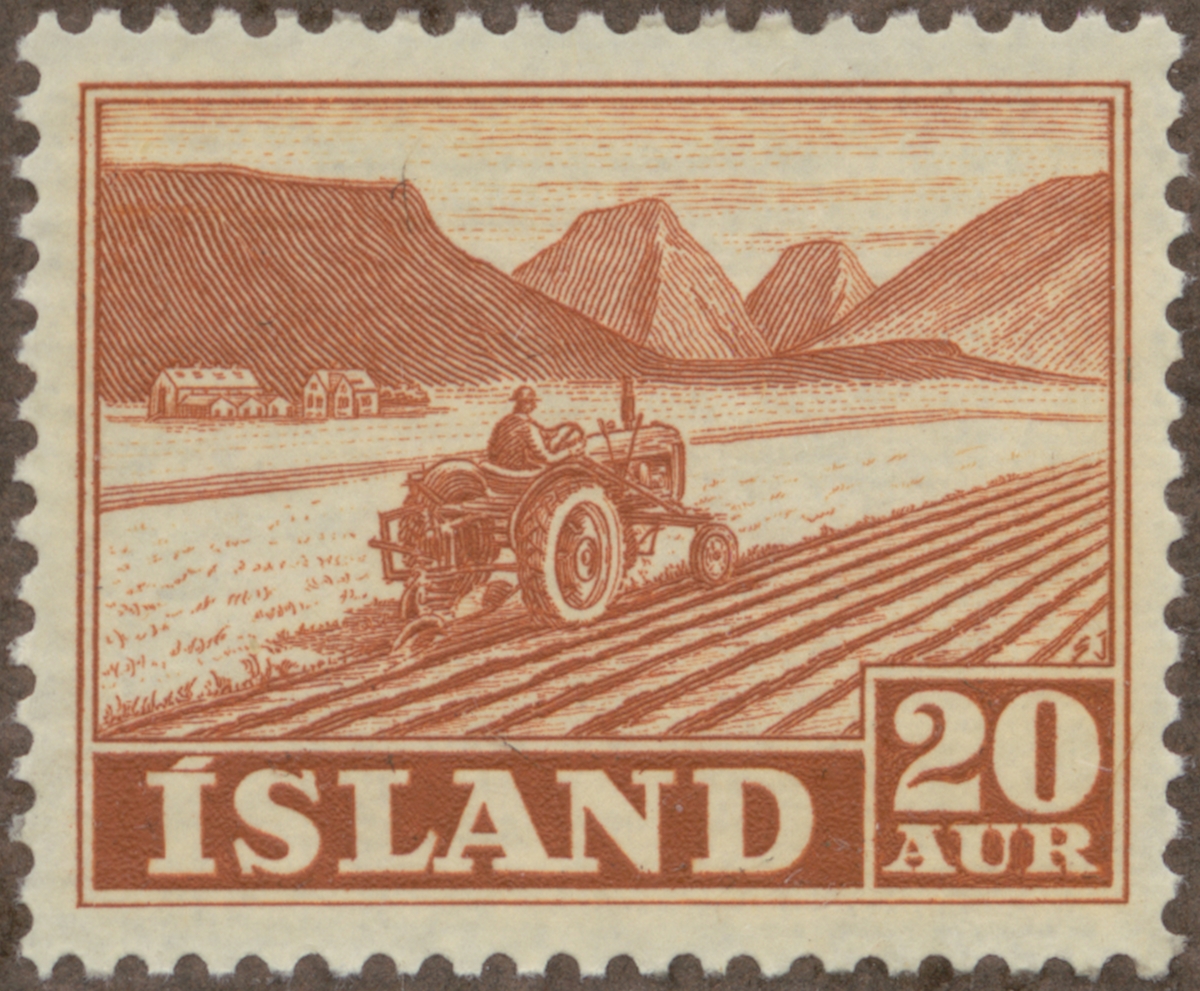 Frimärke ur Gösta Bodmans filatelistiska motivsamling, påbörjad 1950.
Frimärke från Island, 1950. Motiv av Motorplöjning på Island