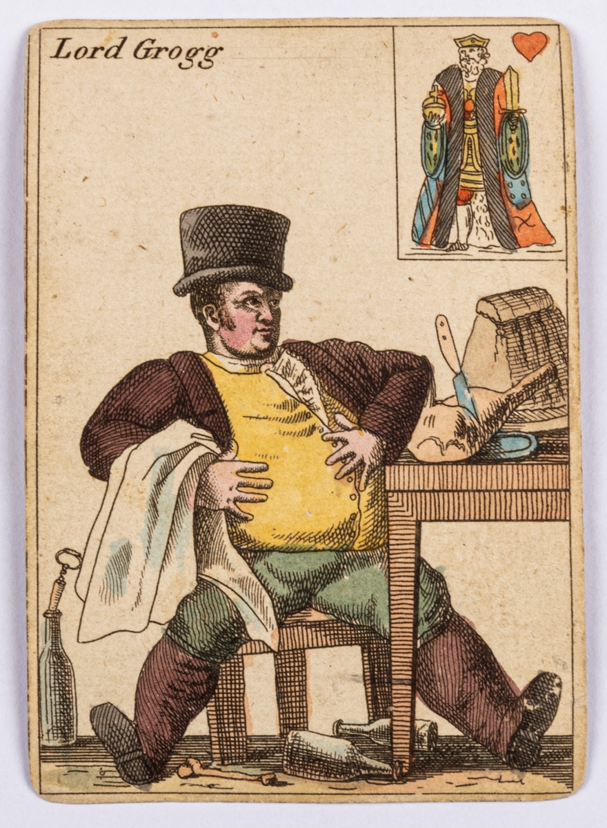 Kortlek från omkr. 1823, okänd tillverkare,
Stockholm. Piquet. Vit, s.k. konstkort. 31 kort ur 32-kortslek (Spader kung saknas). " Tokroliga Spel-kort". Kopierande ( Trol. av Elias Chiewitz) efter fransk förebild:
Ruter 10 och 9 Svenska original. Kortens  franska namn ersatta med sådana som voro bekanta  i Sverige  från Stockholms teatrar, i några fall tagna från  F. Cederborghs roman "Ottar Tralling".