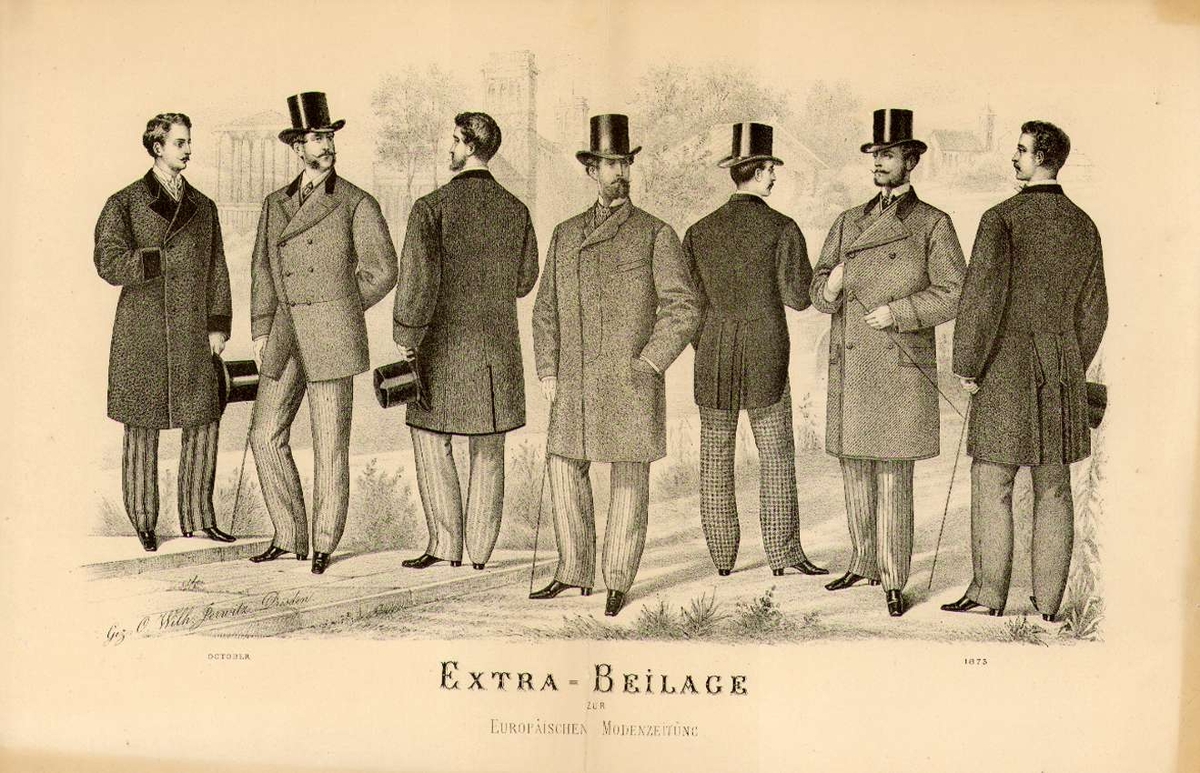 Tryckt modeplanch föreställande herrmodet år 1873.

Text under bilden: EXTRA - BEILAGE  ZUR EUROPÄISCHEN MODENZEITUNG.Man Mansklädsel Hatt Rock Mode