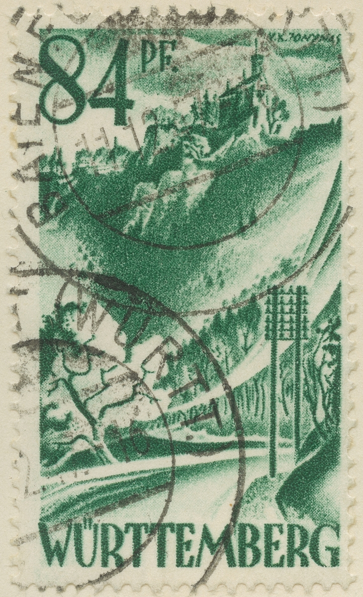 Frimärke ur Gösta Bodmans filatelistiska motivsamling, påbörjad 1950.
Frimärke från Württemberg, 1947. Motiv av Slottet Hohenzollern