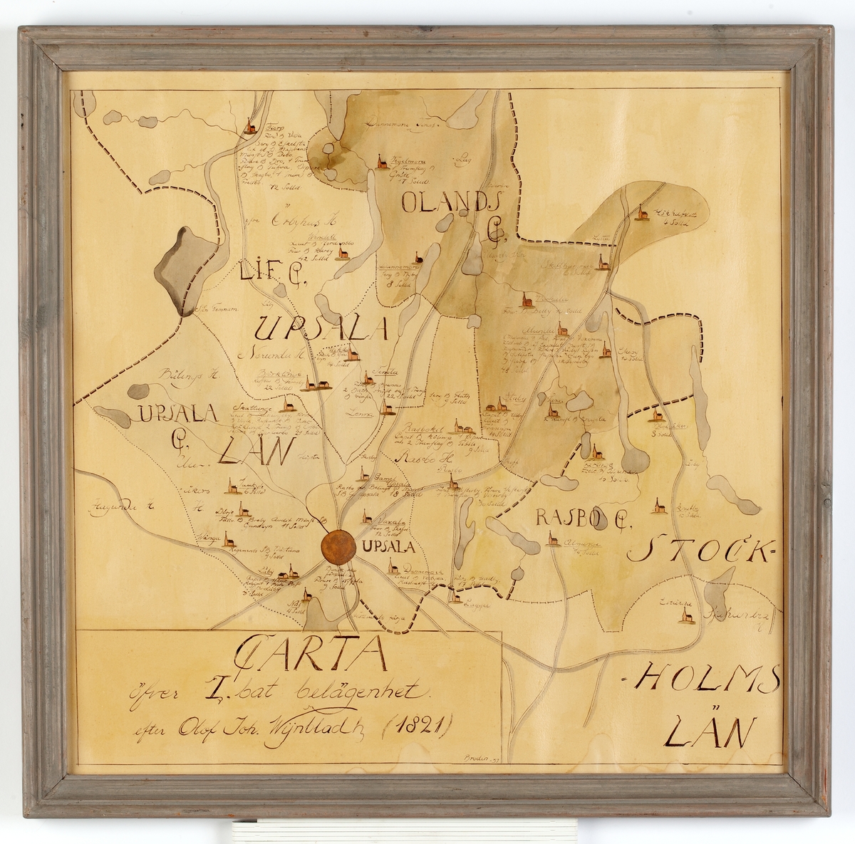 Karta, tuchritad och akvarellerad, med text: CARTA öfver 1 bat belägenhet efter Olof Joh. Wijnbladh (1821) Brodin 37.


