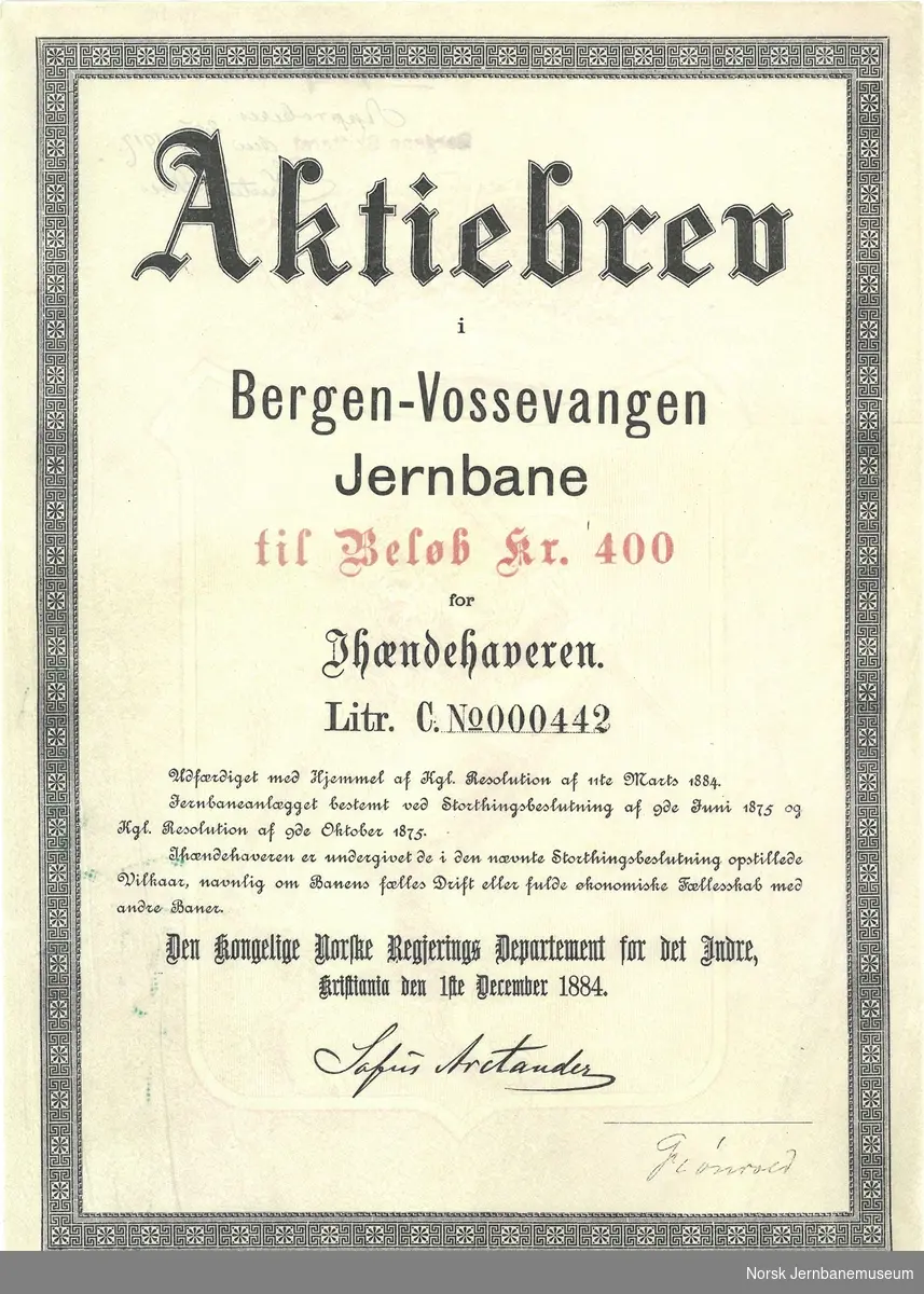 Aktiebrev for Bergen-Vossevangen.