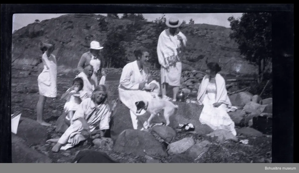 Åtta personer och en hund samlade vid en stening strandkant.