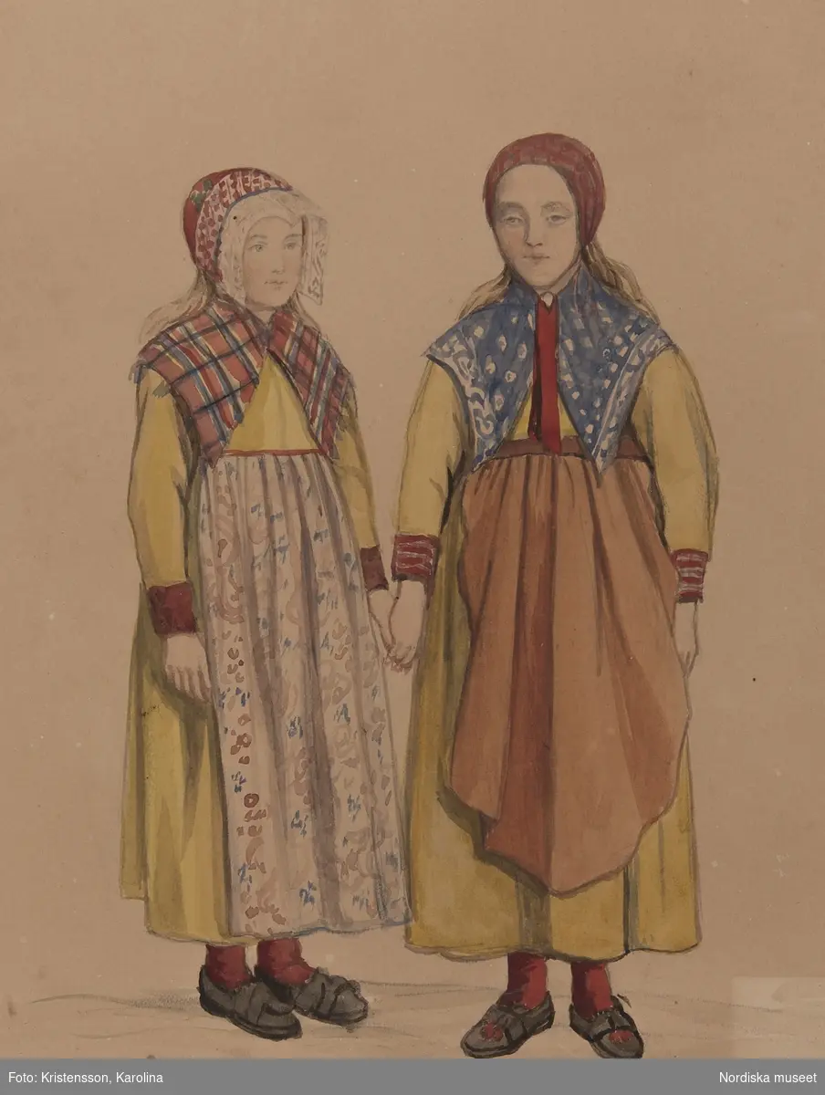 Två flickor i gula dräkter. "Ankungar". Akvarell av P. Södermark