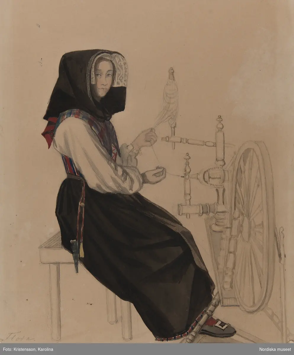 Kvinna vid Spinnrock. Akvarellerad, skiss av P. Södermark