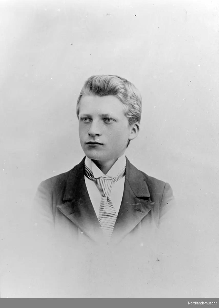 Portrett av en ukjent ung mann. Han har sort trøye, hvit skjorte og sort/hvitt prikket slips.