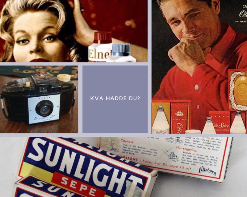 Gamle reklamebilder for hår og hudprodukter, og et fotoapparat fra 1950-tallet