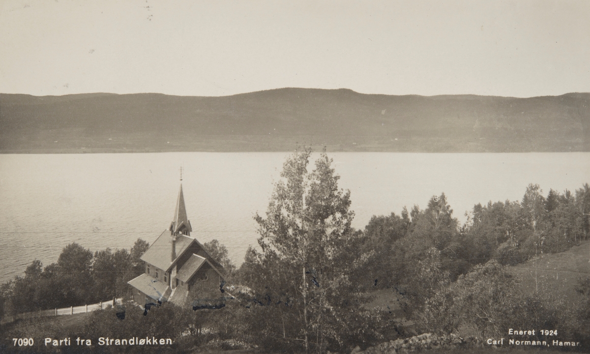 Postkort, Stange, Espa, Strandlykkja kapell, trekirke, innviet 13. august 1915, Strandlykkja kirke, Spitalsvegen 64, Mjøsa,