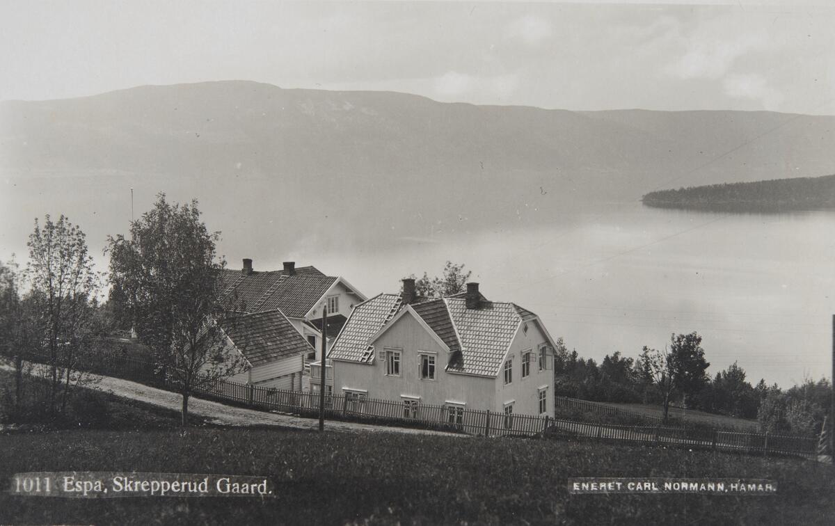 Postkort, Stange, Espa, Lunds pensjonat på Skrepperud gård, driftet av Botolf Lund, drevet som pensjonat fra rundt 1917 og fram til 1954, utsikt mot Mjøsa,